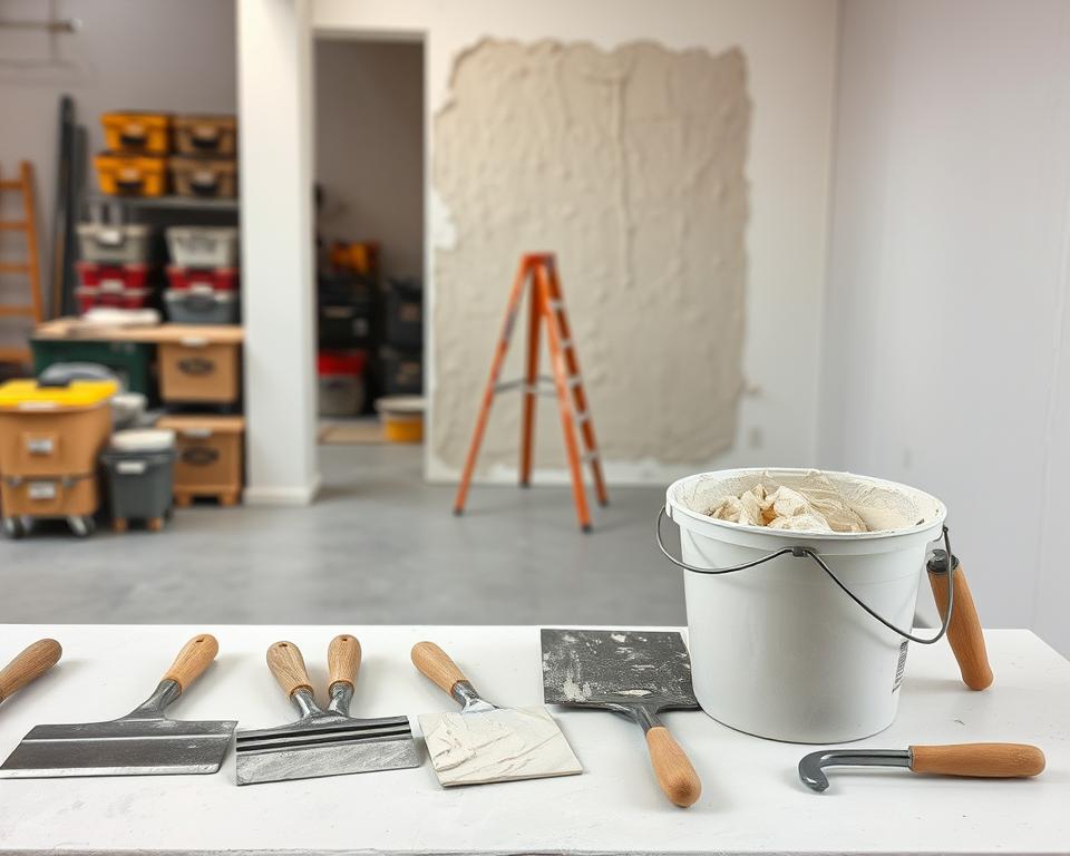 A well-organized workspace showcasing essential tools for plaster application. In the foreground, a clean workbench displays a variety of plastering tools: trowels, hawks, and a large mixing bucket filled with freshly mixed plaster. In the middle ground, a partially finished wall awaits plastering, revealing a textured surface where the plaster has been smoothly applied, demonstrating skilled craftsmanship. In the background, softly blurred, stands a collection of toolboxes and a ladder, hinting at ongoing work. The lighting is bright and even, emphasizing the cleanliness and professionalism of the space. A wide-angle view captures the entire setup, conveying an atmosphere of preparation and meticulous attention to detail in plaster application.