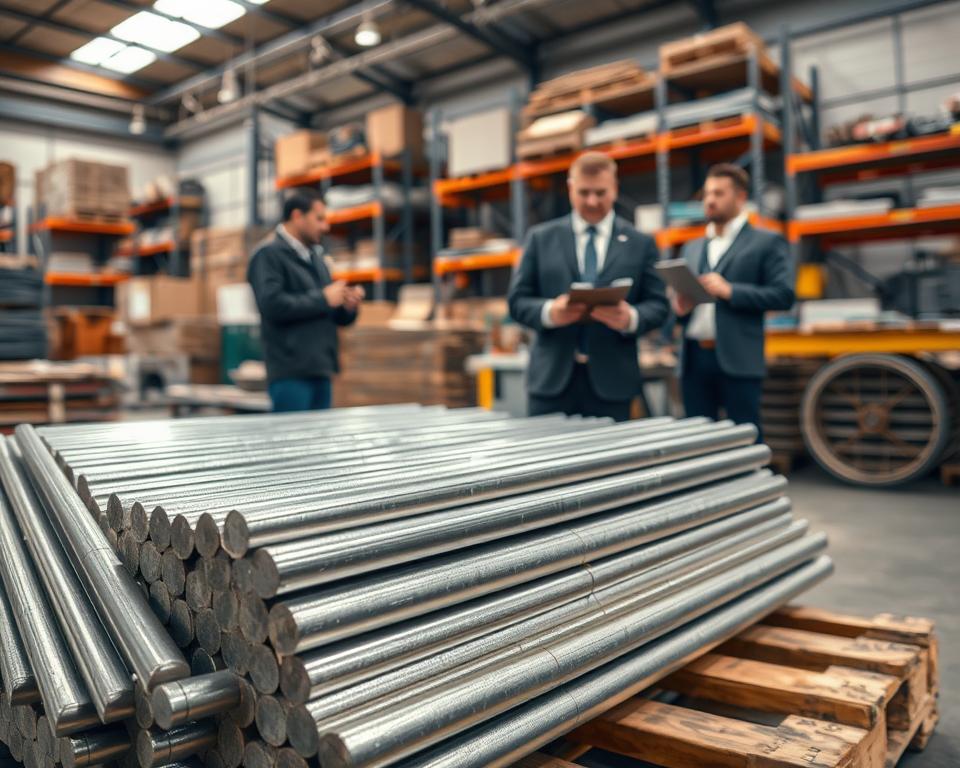 A well-structured scene showcasing a collection of 12mm steel reinforcement bars stacked on a large wooden pallet in a well-lit industrial setting. In the foreground, sharp focus on glistening steel bars, their metallic surface reflecting overhead lights, emphasizing texture and detail. The middle ground features workers in professional business attire observing the reinforcement bars with a clipboard, discussing prices and specifications with a serious demeanor. In the background, shelves filled with construction materials and machinery hint at a busy warehouse. Soft, warm lighting creates an inviting and professional atmosphere, while a slight depth of field draws attention to the bars themselves, highlighting their significance and current market value.