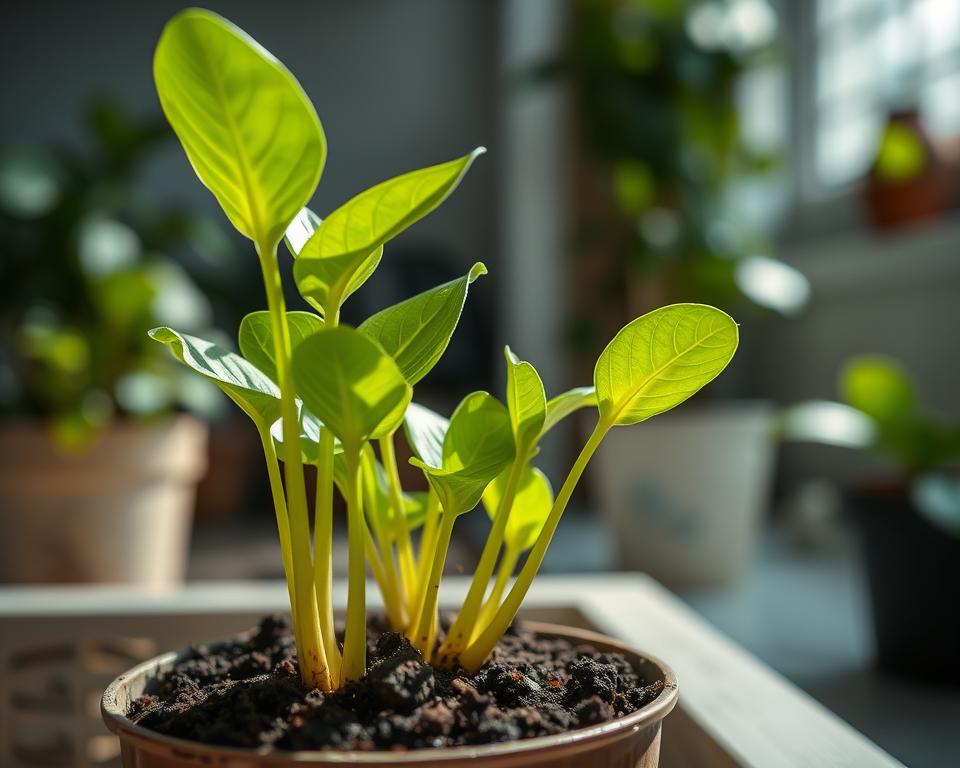 Close-up of a healthy "pieniążek" (ZZ plant) with several lush, green leaves, demonstrating the process of propagation. In the foreground, prominently display a small pot with soil, showcasing freshly cut stem cuttings with shiny leaves ready for planting. In the middle ground, a bright, indirect light illuminates the scene, highlighting the cuttings’ vibrant green color and texture. The background features a soft-focus window with bright natural light streaming in, enhancing the fresh, nurturing atmosphere. Capture the essence of indoor gardening with a serene and encouraging mood. Use a shallow depth of field to focus on the cuttings while gently blurring the background, creating an intimate feel for the propagation process.