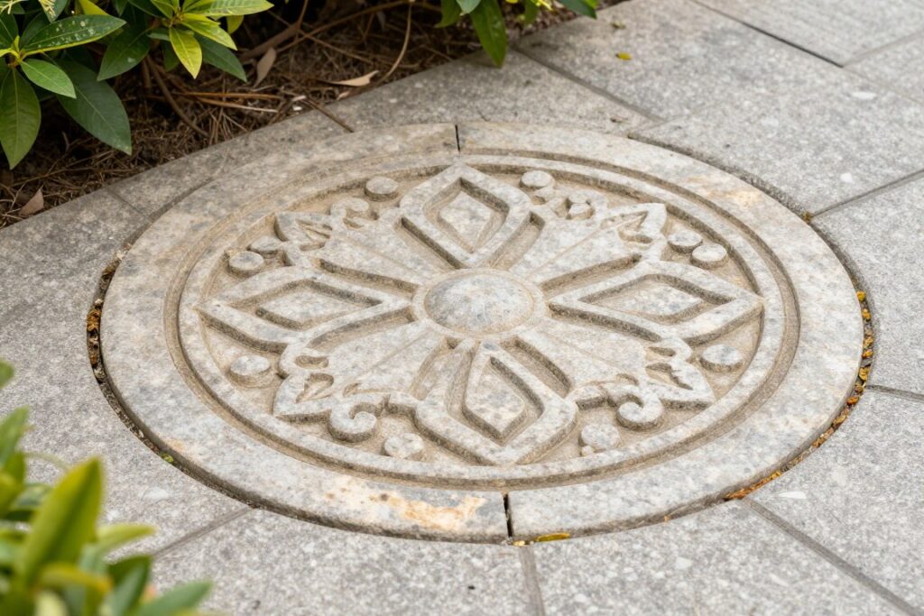 Dekoracyjna pokrywa studzienki z kamienia naturalnego w ogrodzie Dekoracyjna pokrywa studzienki z kamienia naturalnego w ogrodzie