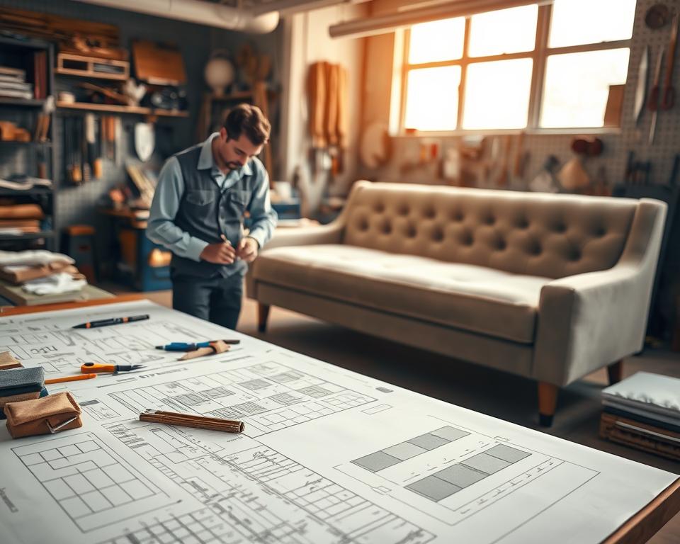 Detailed workspace featuring a professional and organized setting for planning the repair of a sofa bed. In the foreground, a large drafting table is covered with sketches, tools, and swatches of fabric showing various colors and textures. In the middle ground, a person dressed in professional attire, perhaps a technician or upholsterer, is intently studying the sketches and noting down measurements. The background includes a well-lit workshop with various tools hung on the walls and a partially disassembled sofa bed positioned for repair. Warm, inviting ambient light enhances the scene, creating a focused atmosphere of productivity. The lens captures a slightly angled view to emphasize depth and detail in the workspace.