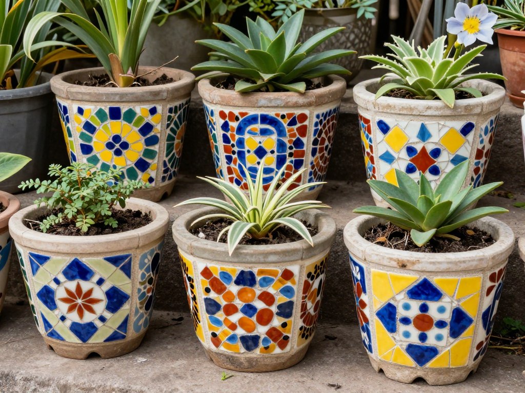 Donice ogrodowe ozdobione mozaiką z potłuczonych płytek ceramicznych