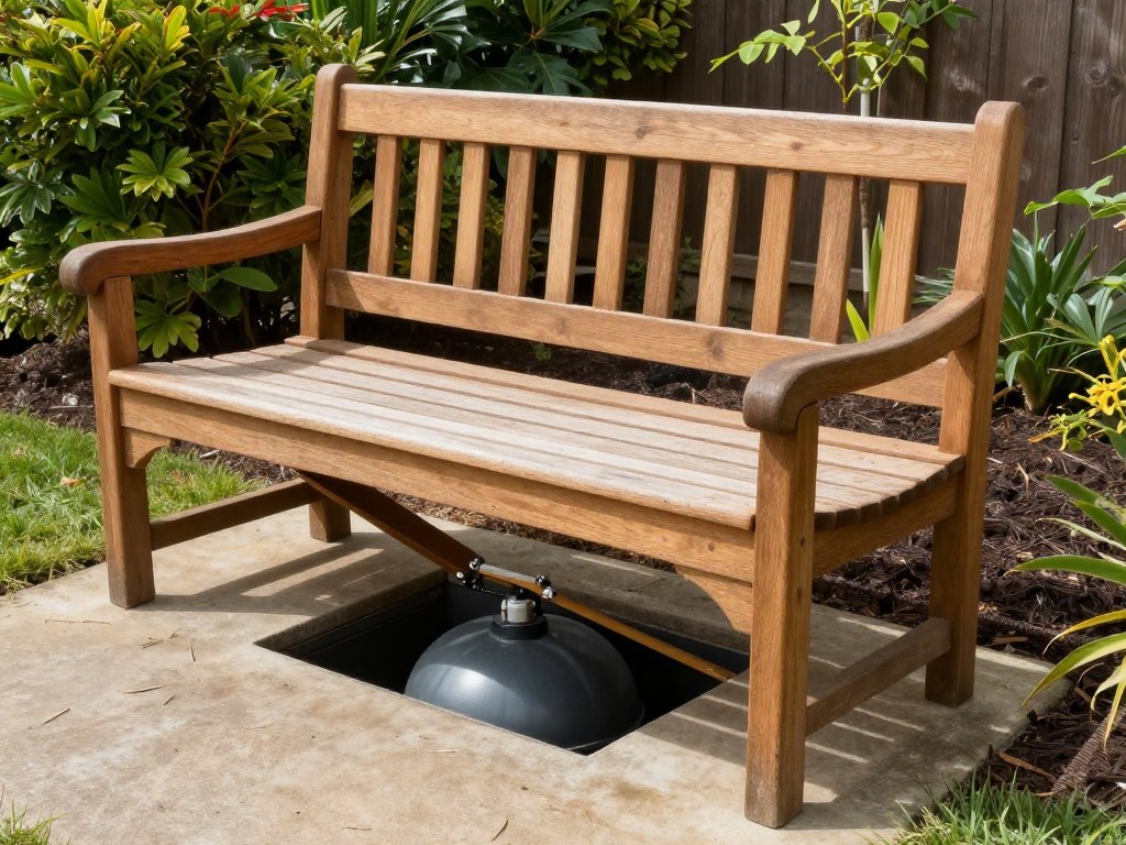 Drewniana ławka maskująca szambo w ogrodzie Drewniana ławka maskująca szambo w ogrodzie