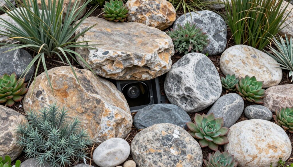 Inspirująca aranżacja maskowania studzienki w ogrodzie skalnym Inspirująca aranżacja maskowania studzienki w ogrodzie skalnym