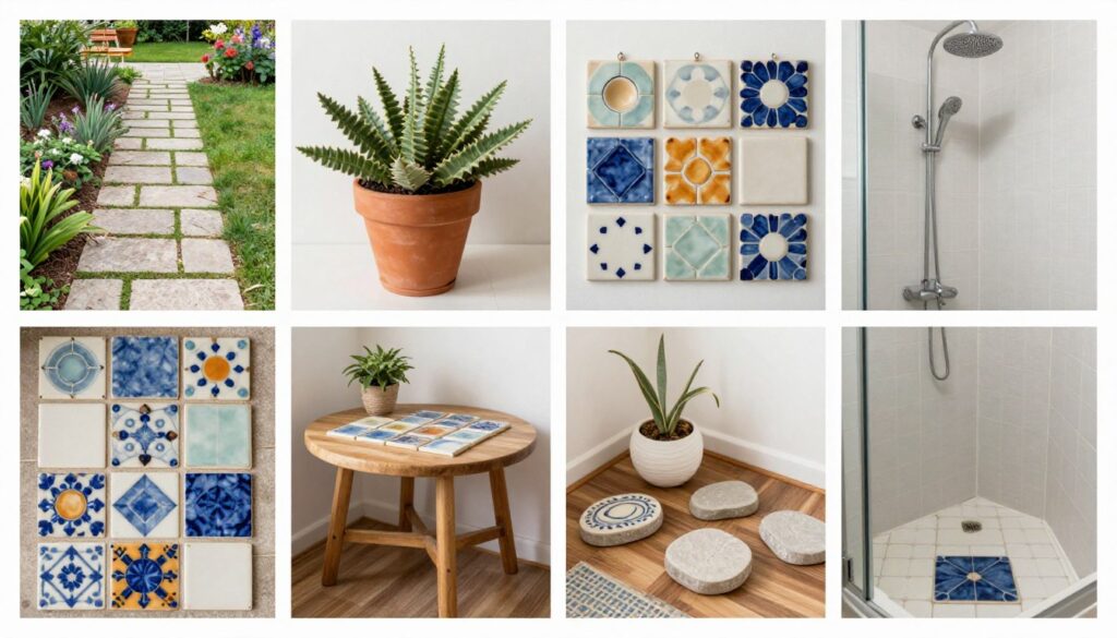 Kolaż różnych projektów z wykorzystaniem starych kafelków i mozaiki