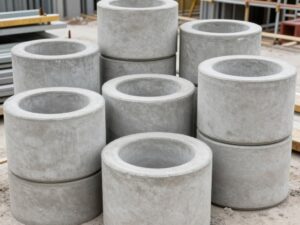 Kręgi betonowe różnych rozmiarów ułożone na placu budowy
