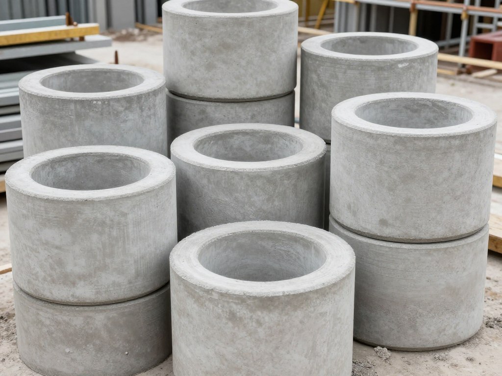 Kręgi betonowe różnych rozmiarów ułożone na placu budowy