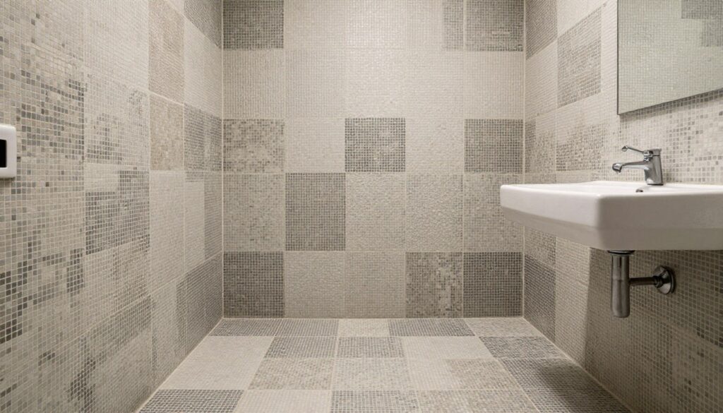 Łazienka z mozaiką ze starych kafelków na podłodze i ścianach