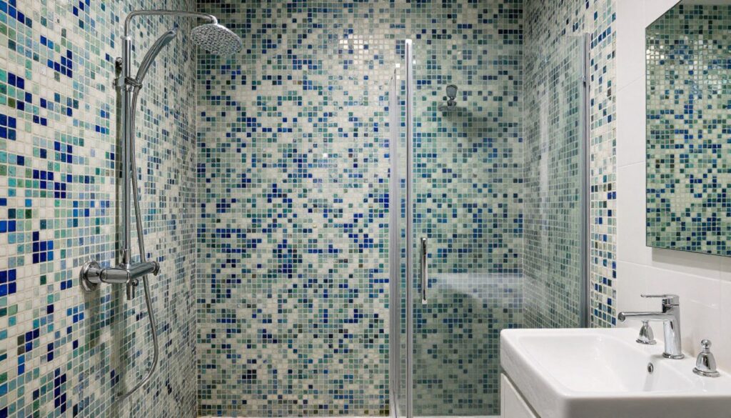Łazienka z mozaiką ze starych kafelków na ścianie pod prysznicem