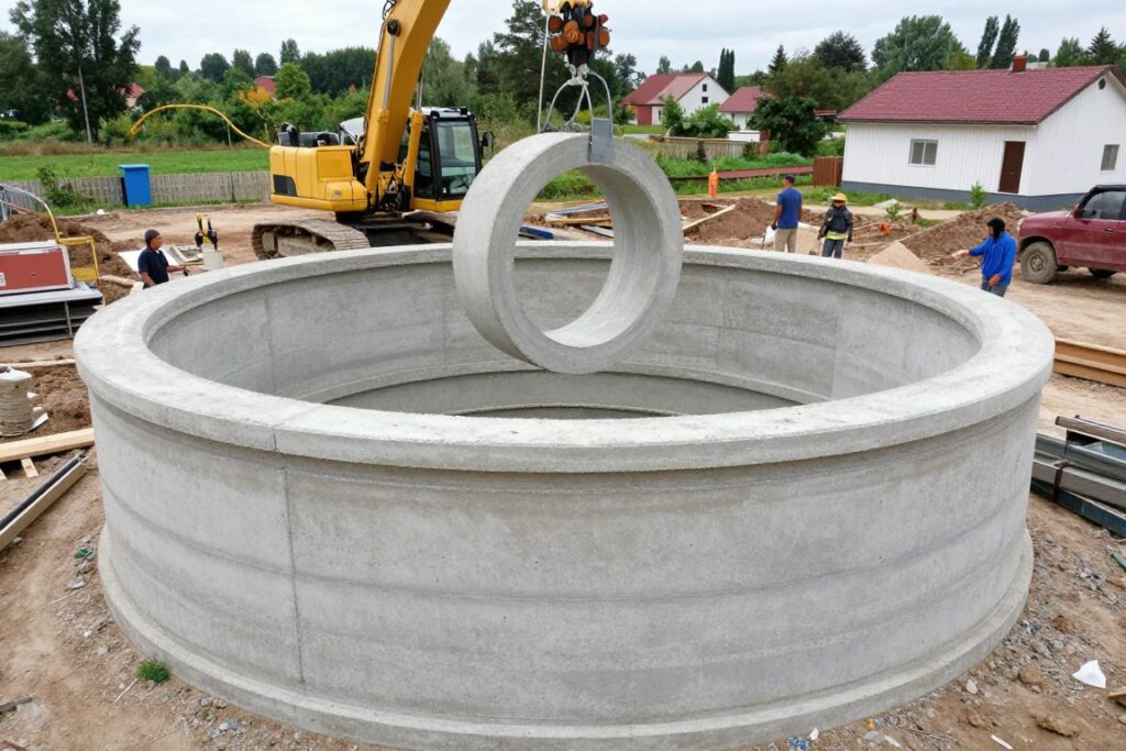 Montaż kręgów betonowych przy budowie szamba