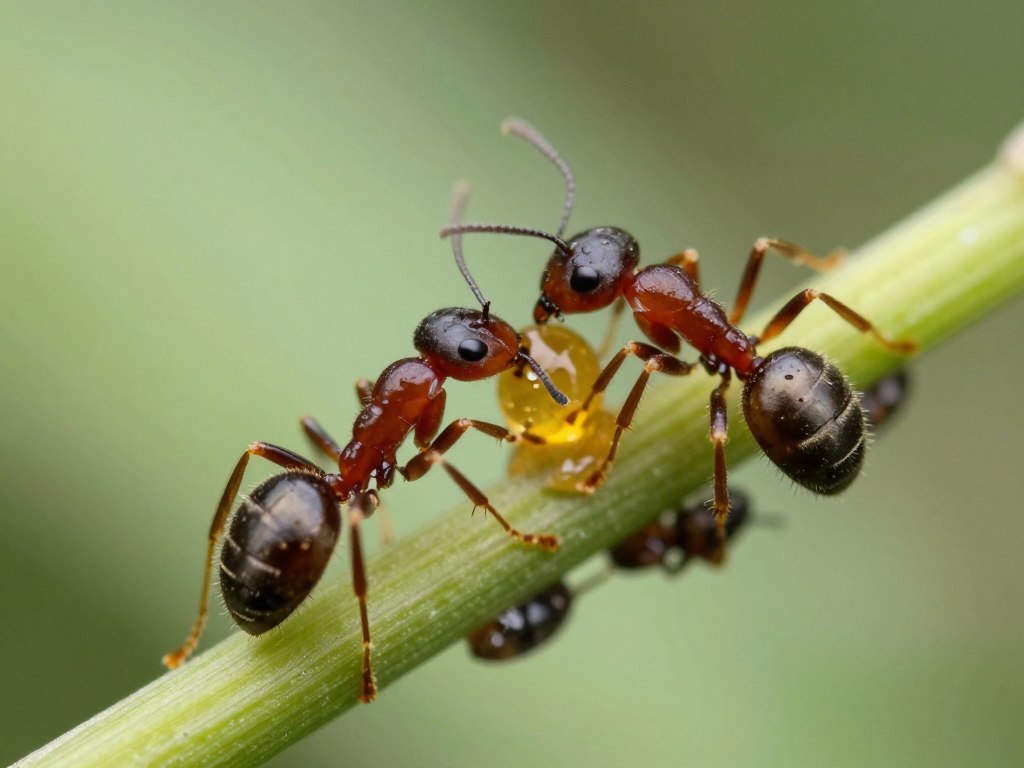 Mrówki opiekujące się mszycami na roślinie, pokazujące ich symbiotyczną relację