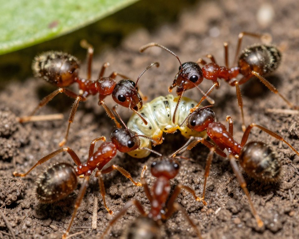 Mrówki polujące na szkodniki ogrodowe, pokazujące ich rolę w biologicznej ochronie roślin
