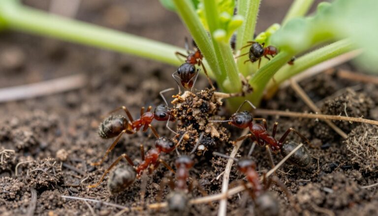 Mrówki pracujące w ogrodzie, pokazujące ich rolę w ekosystemie