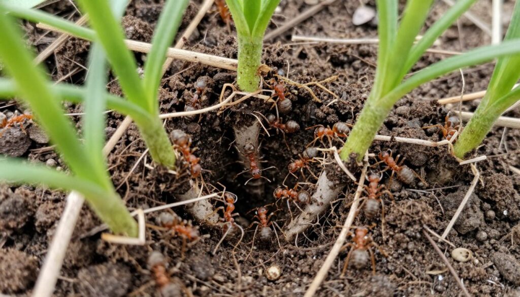 Mrówki spulchniające glebę w ogrodzie, pokazujące ich pozytywny wpływ