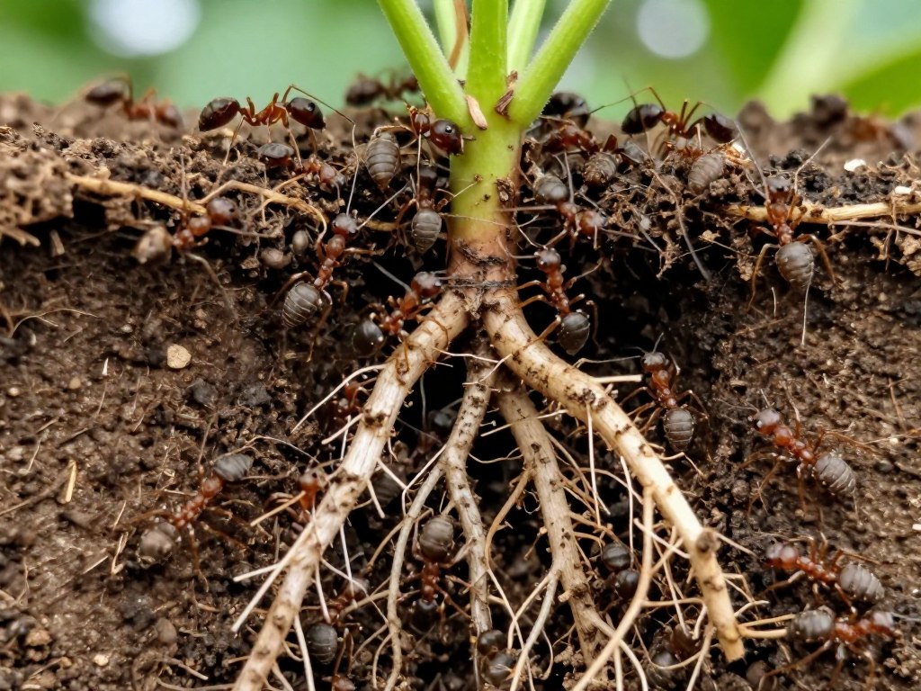 Mrówki uszkadzające korzenie roślin, pokazujące negatywny wpływ nadmiernej populacji mrówek
