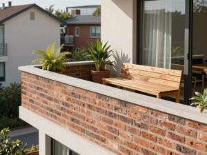 Murek zamiast balustrady na nowoczesnym balkonie z siedziskiem i roślinami