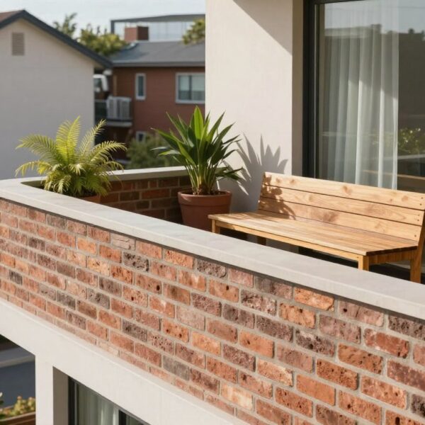 Murek zamiast balustrady na nowoczesnym balkonie z siedziskiem i roślinami