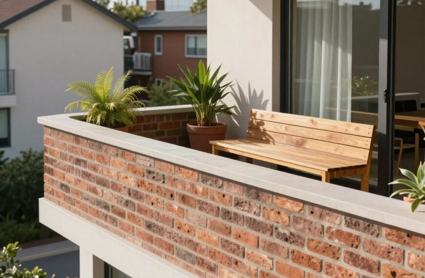 Murek zamiast balustrady na nowoczesnym balkonie z siedziskiem i roślinami