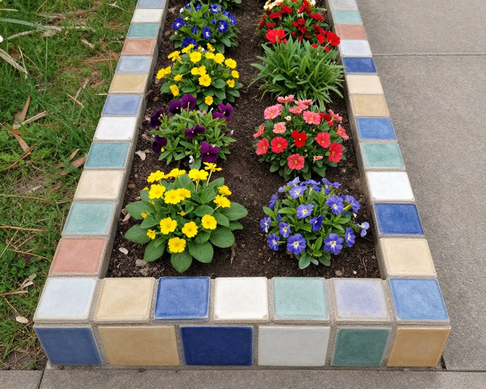 Obramowanie rabaty kwiatowej wykonane ze starych kafelków w ogrodzie