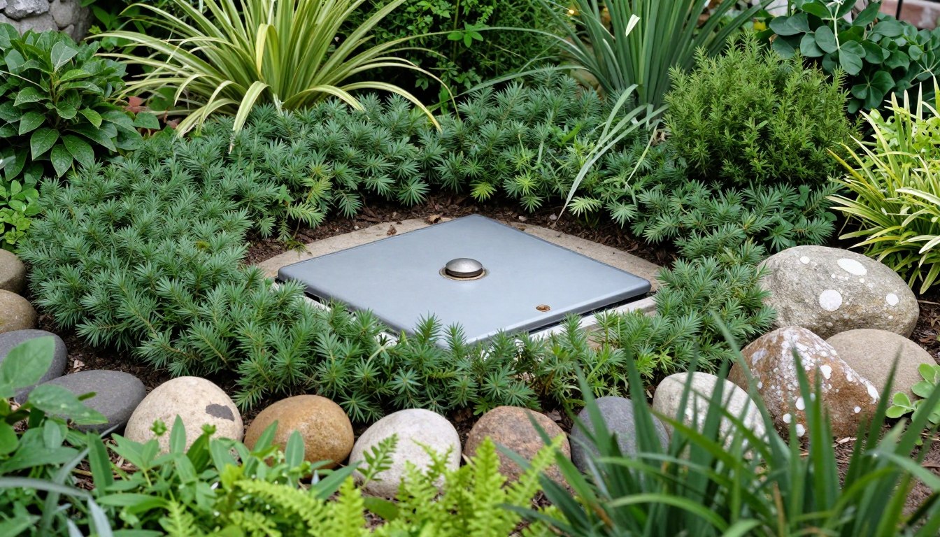 Ogród z zamaskowaną studzienką wtopioną w kompozycję roślinną