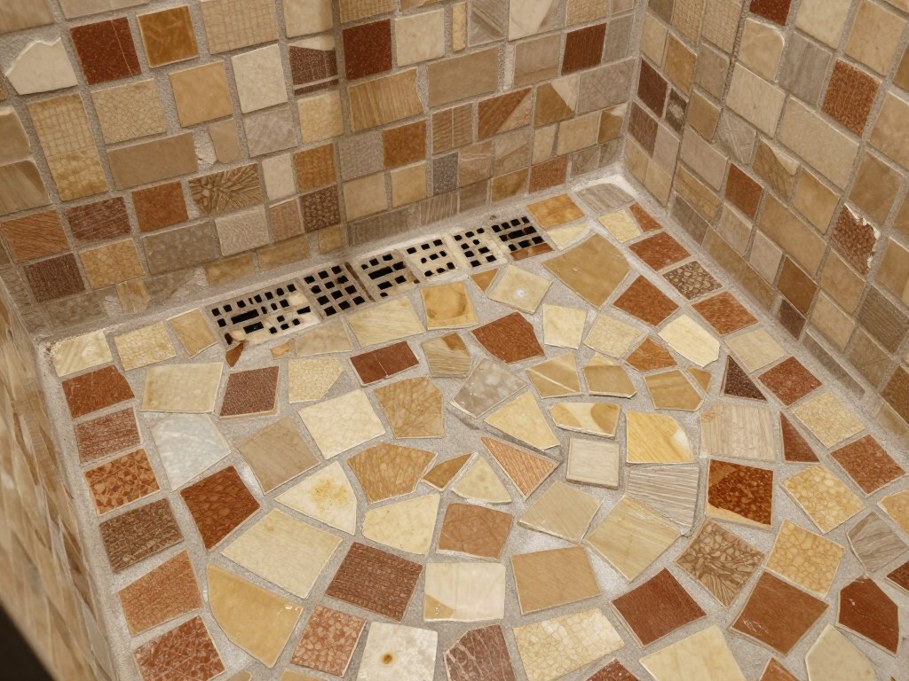 Podłoga pod prysznicem wyłożona mozaiką z potłuczonych płytek w odcieniach brązu i beżu