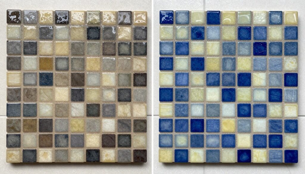 Porównanie niezabezpieczonej i zabezpieczonej mozaiki ze starych kafelków