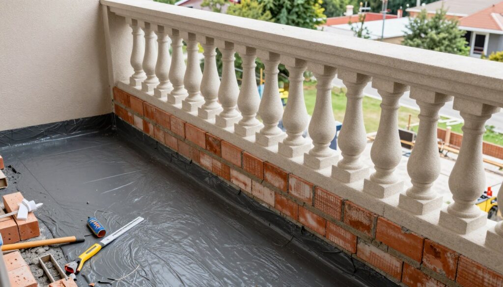 Proces budowy murku zamiast balustrady na balkonie z widoczną izolacją