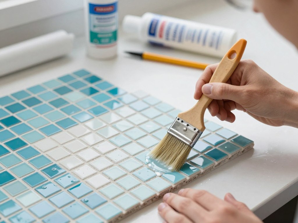 Proces zabezpieczania mozaiki ze starych kafelków specjalnym impregnatem