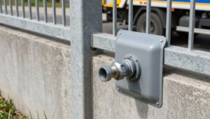 Przyłącze szamba w ogrodzeniu z widoczną szybkozłączką umożliwiającą podłączenie wozu asenizacyjnego