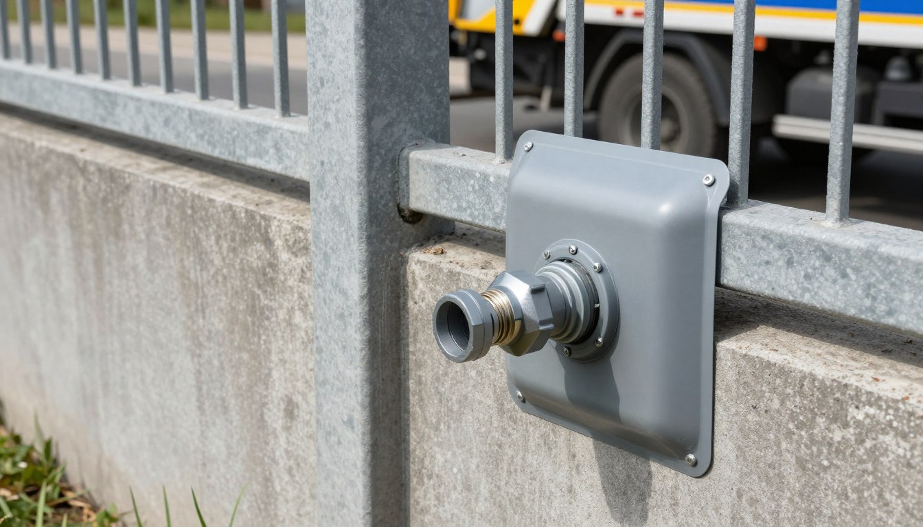 Przyłącze szamba w ogrodzeniu z widoczną szybkozłączką umożliwiającą podłączenie wozu asenizacyjnego