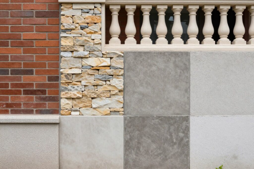 Różne materiały do budowy murku zamiast balustrady - cegła, kamień, beton