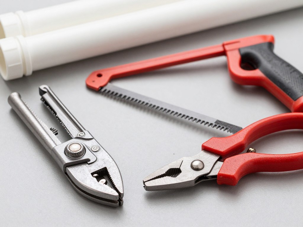 Różne narzędzia do cięcia rur PCV: obcinak krążkowy, piła ręczna i nożyce