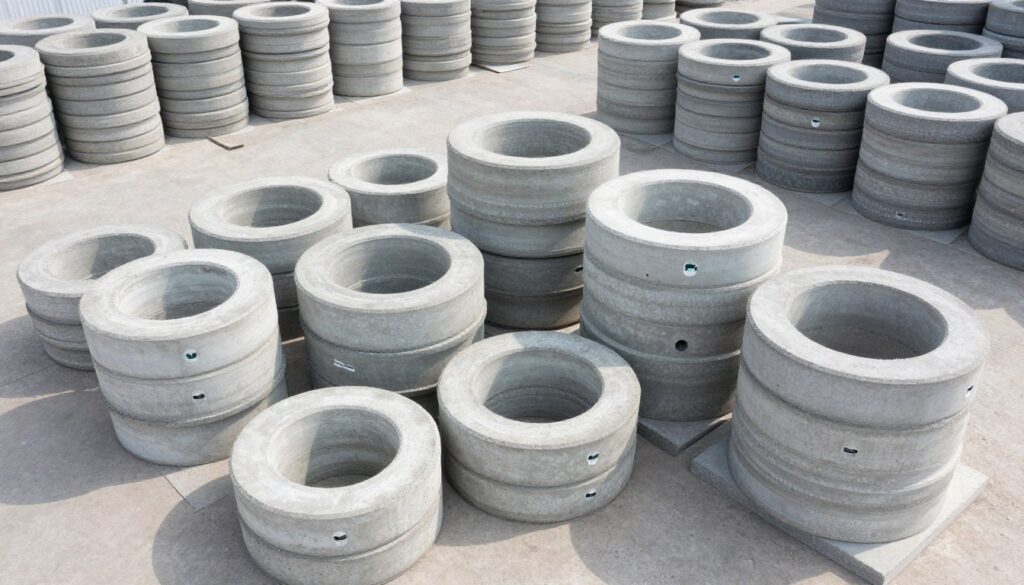 Różne rodzaje kręgów betonowych na placu składowym