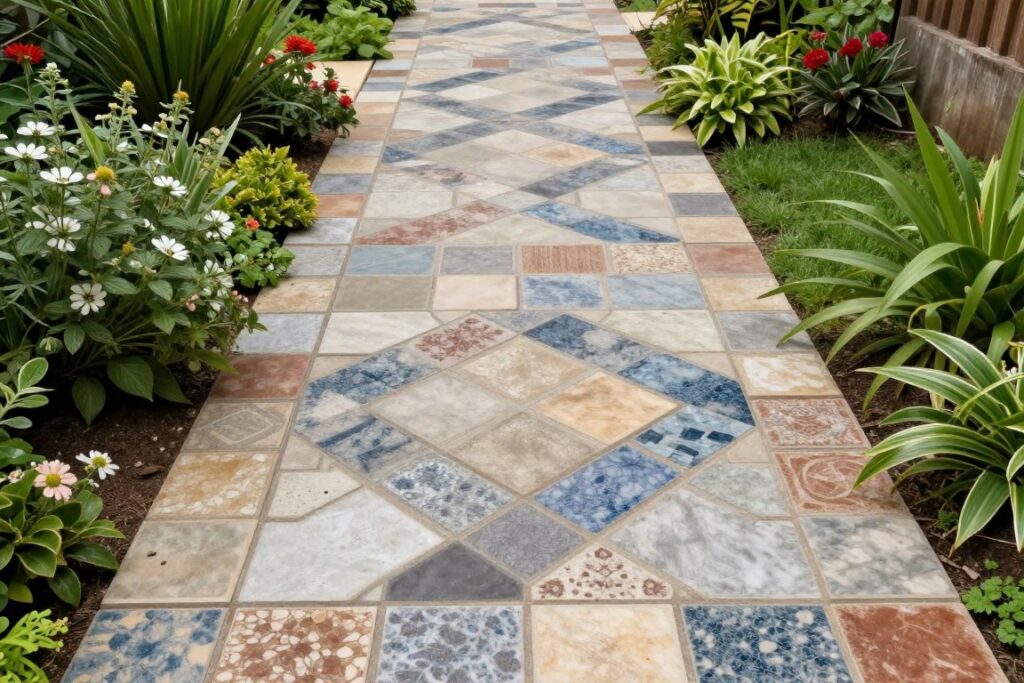 Ścieżka ogrodowa wykonana ze starych kafelków ułożonych w geometryczny wzór