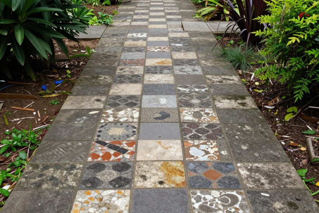 Stara mozaika ze starych kafelków w ogrodzie po kilku latach użytkowania