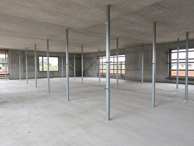 Stemple budowlane podpierające strop monolityczny z widocznym rozstawem