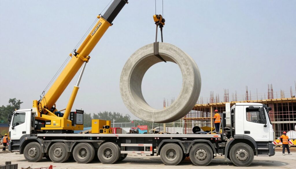 Transport kręgów betonowych za pomocą dźwigu HDS