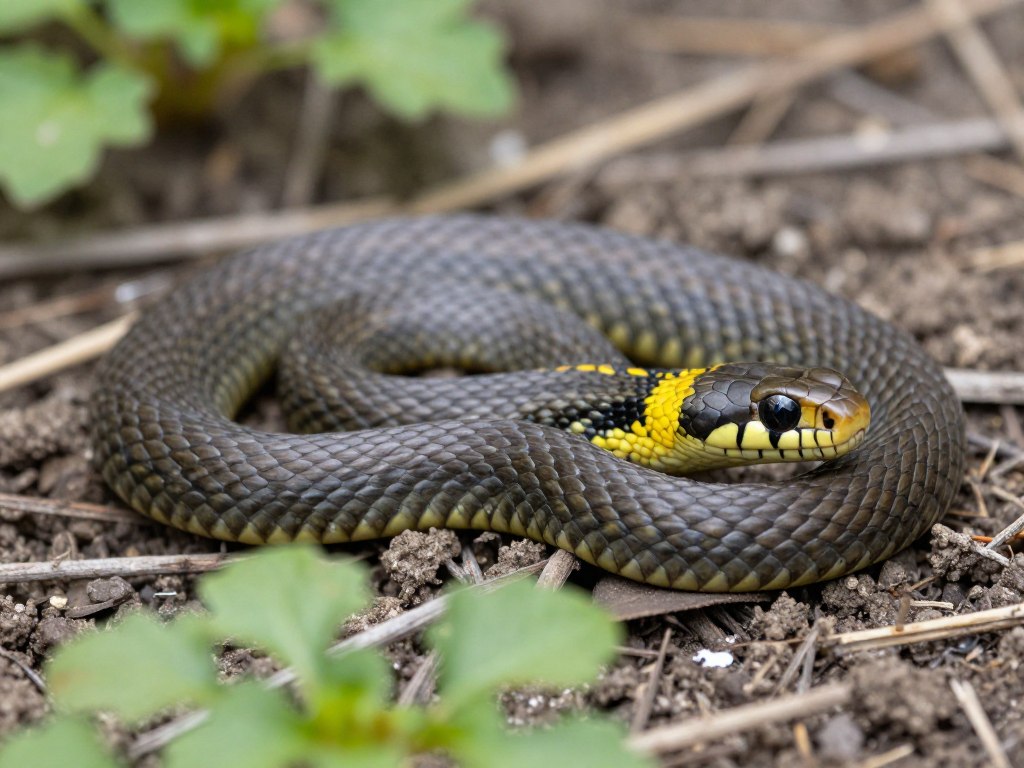 Zaskroniec zwyczajny w ogrodzie z widocznymi charakterystycznymi żółtymi plamami za głową