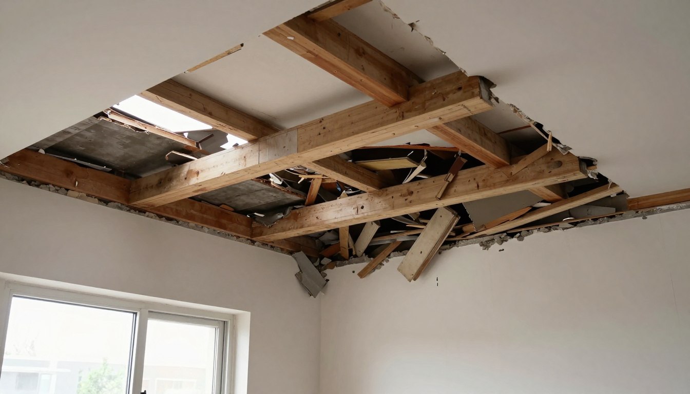 Zawalony strop w budynku mieszkalnym pokazujący skutki awarii konstrukcji