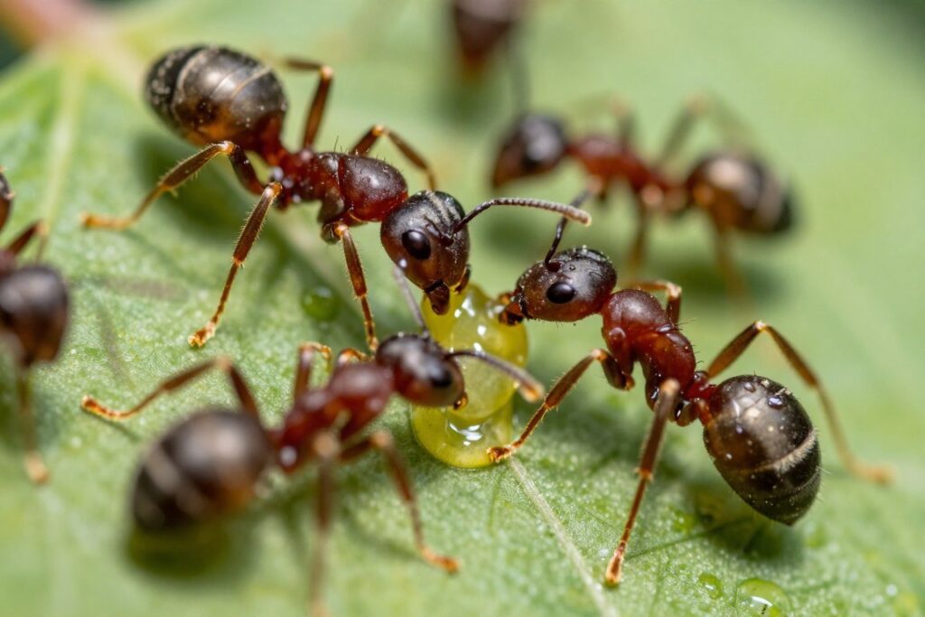 Zbliżenie na mrówki zbierające spadź od mszyc na liściu rośliny