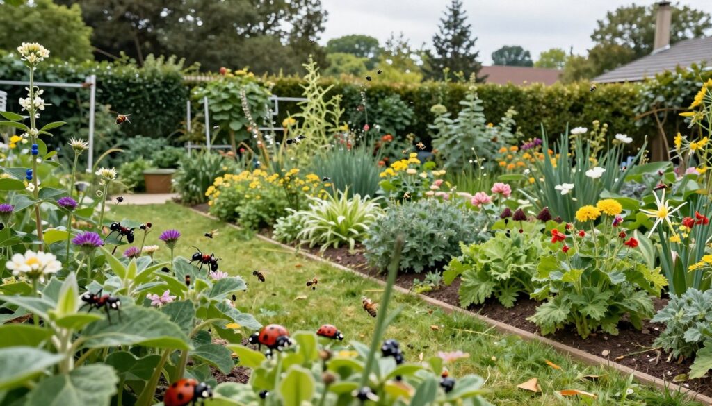 Zrównoważony ekosystem ogrodowy z obecnością mrówek i innych organizmów