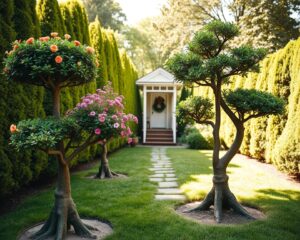 drzewka ozdobne na pniu przed domem