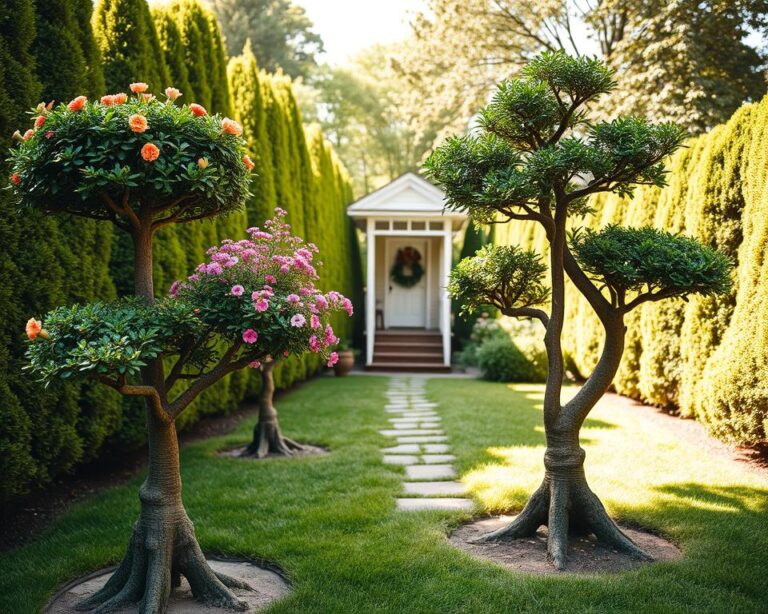 drzewka ozdobne na pniu przed domem