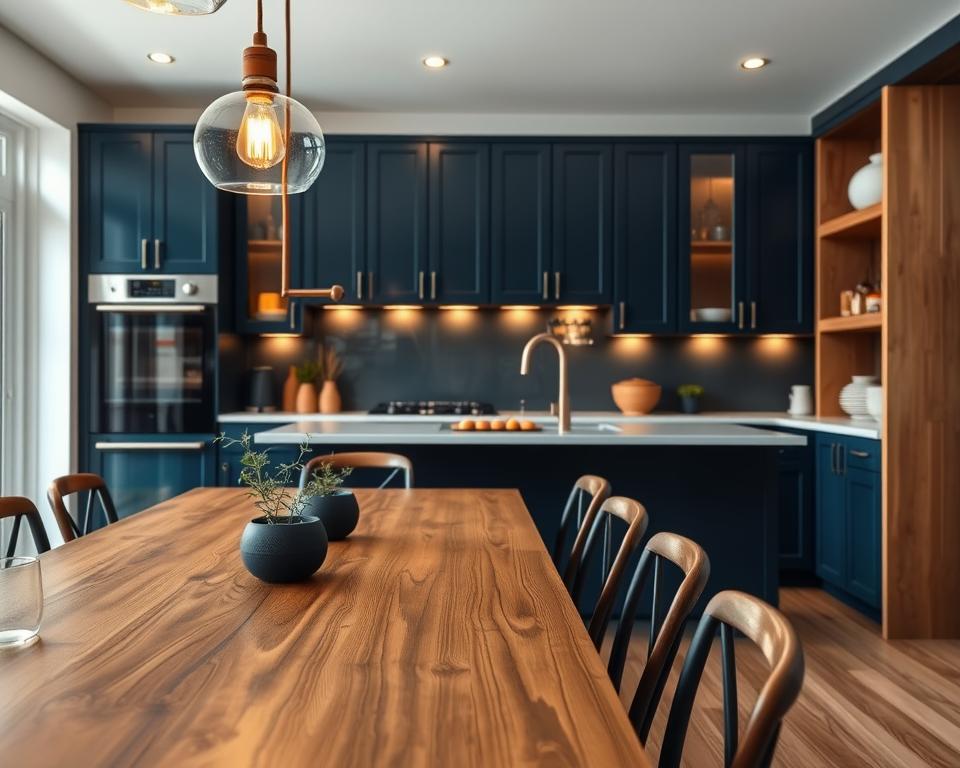 A beautifully arranged navy blue kitchen seamlessly integrated with natural wood elements. In the foreground, a polished wooden dining table with elegant, minimalist chairs invites to a cozy meal setup. The middle ground showcases cabinets with deep navy finishes, reflecting soft, warm lighting from stylish pendant lights above the countertop. Delicate greenery accents, such as potted herbs, are placed strategically to enhance the inviting atmosphere. The background features a subtle view of wooden shelves adorned with tasteful kitchenware and decorative bowls, emphasizing a harmonious blend of blue and wood tones. Capture the mood of sophistication and warmth, highlighting the interaction between the rich navy colors and warm wood textures. Use a wide-angle perspective to encompass the entire space, with soft, diffused lighting that creates a welcoming ambiance.