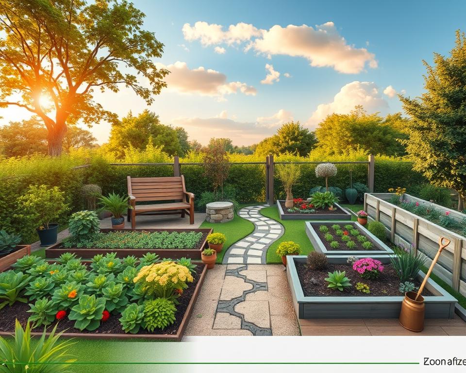 A beautifully illustrated garden plot plan showcasing functional zones for a residential property. In the foreground, a detailed layout of distinct areas: a vibrant vegetable patch, a cozy seating area with a rustic bench, and a small flower garden with colorful blooms. In the middle, a winding pathway connects these zones, lined with ornamental plants and garden tools. In the background, there are lush trees and a serene backdrop of a blue sky with soft clouds. The scene is bathed in warm, golden sunlight, creating a tranquil and inviting atmosphere. The image should be captured from a slightly elevated angle to offer a comprehensive view, ensuring clarity in the design elements.