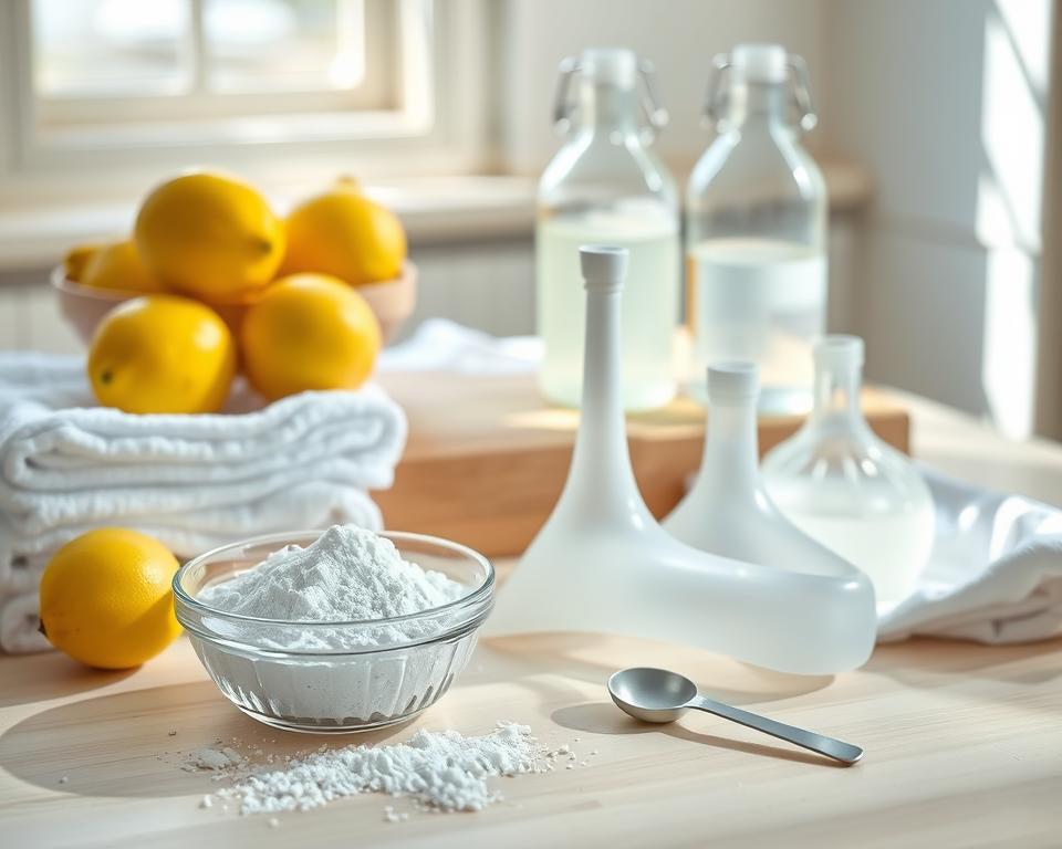 A bright and inviting kitchen setting showcasing various household items used for bleaching, such as baking soda, lemon juice, and vinegar. In the foreground, a small bowl of baking soda sits next to fresh lemons and a vinegar bottle, surrounded by white towels and a measuring spoon. In the middle, a light wooden table holds a few clean plastic items, revealing their before-and-after appearances after the bleaching process. The background features soft, natural lighting filtering through a window, casting gentle shadows and creating a fresh, clean atmosphere. The overall mood is one of simplicity and effectiveness, emphasizing practicality in home improvement techniques. The composition captures the essence of using common household ingredients for whitening purposes.