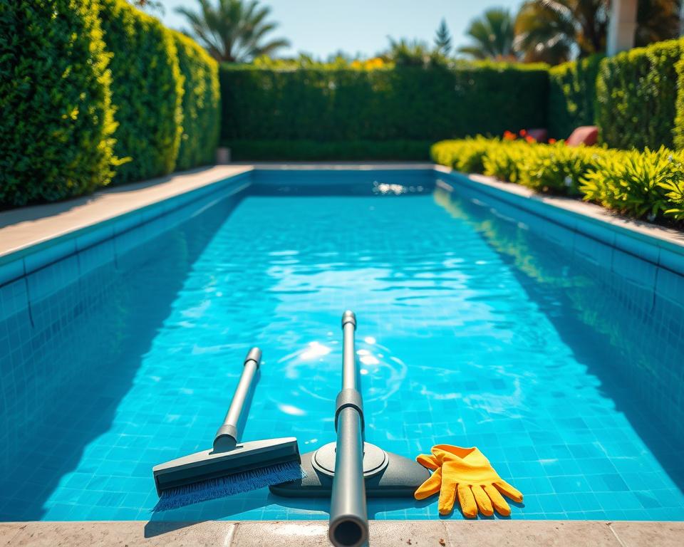 A bright and inviting view of a backyard swimming pool, showcasing the process of cleaning its bottom. In the foreground, a set of cleaning tools is arranged neatly, including a long-handled skimmer, a vacuum, and a pair of gloves. The middle ground features the crystal-clear water of the pool, with the reflection of sunlight dancing on the surface, revealing the clean tiled bottom. In the background, vibrant greenery and neatly trimmed hedges frame the scene, enhancing the serene atmosphere. The image is well-lit, highlighting the clarity of the water and the texture of the cleaning tools. The perspective is slightly elevated, offering a comprehensive view of the entire cleaning setup, conveying a peaceful and organized DIY cleaning environment.
