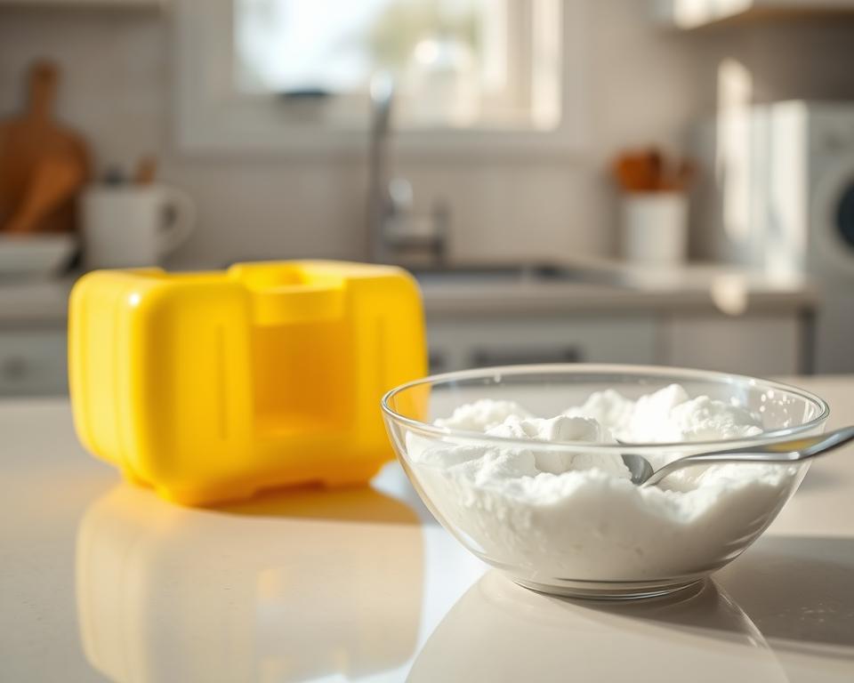A bright, well-lit kitchen counter showcasing a step-by-step plastic whitening process using baking soda. In the foreground, a bowl filled with a fluffy mixture of baking soda and water, with a spoon resting beside it. To the left, a piece of yellowed plastic, such as a container or toy, showing a before and after effect; half of it is stained and the other half is pristine white, highlighting the whitening process. In the background, subtle kitchen elements like a window with natural sunlight streaming in, imparting a clean, refreshing atmosphere. Capture the essence of a DIY home cleaning method, emphasizing clarity and effectiveness in the process. Use a shallow depth of field to keep the focus on the baking soda mixture and plastic while softly blurring the background.