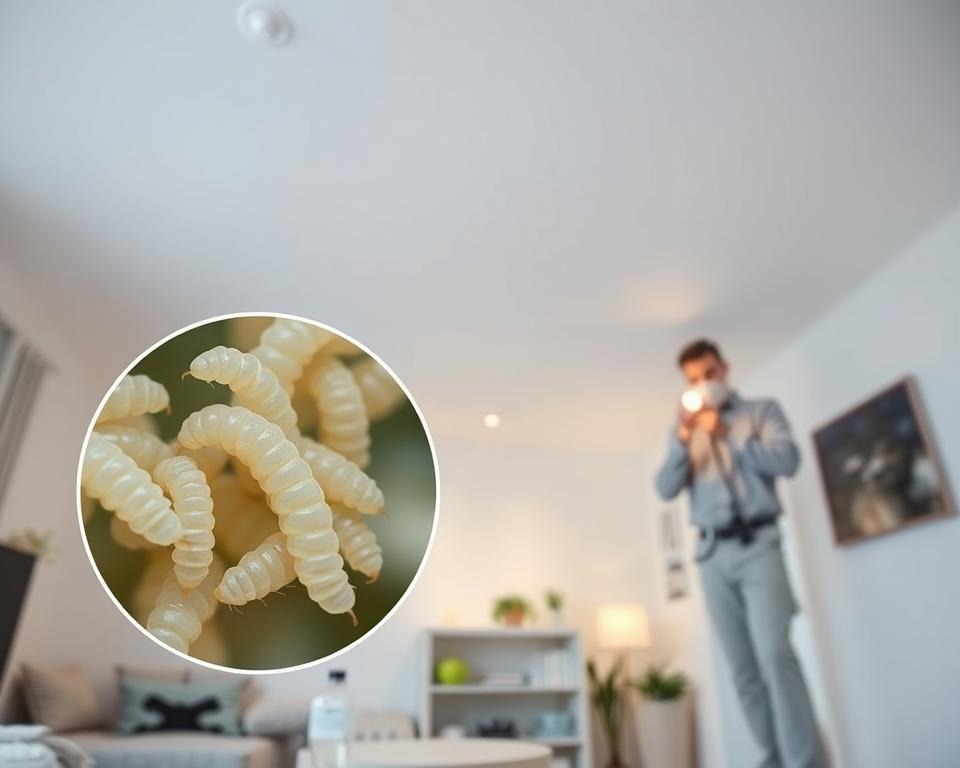 A clean, well-lit indoor environment focused on the health aspects of pest control. In the foreground, a magnified view of white larvae on a ceiling, highlighting their details in an educational context. The middle ground features a professional pest control technician in modest casual attire inspecting the area with a flashlight, emphasizing hygiene practices. The background showcases a sanitary living space with visible signs of pest prevention, like traps or natural repellents. Soft, diffused lighting creates a clean atmosphere, and the camera angle should be slightly tilted upwards to emphasize the ceiling's height. The overall mood should be informative and reassuring, reinforcing the importance of health and hygiene in relation to household pests.