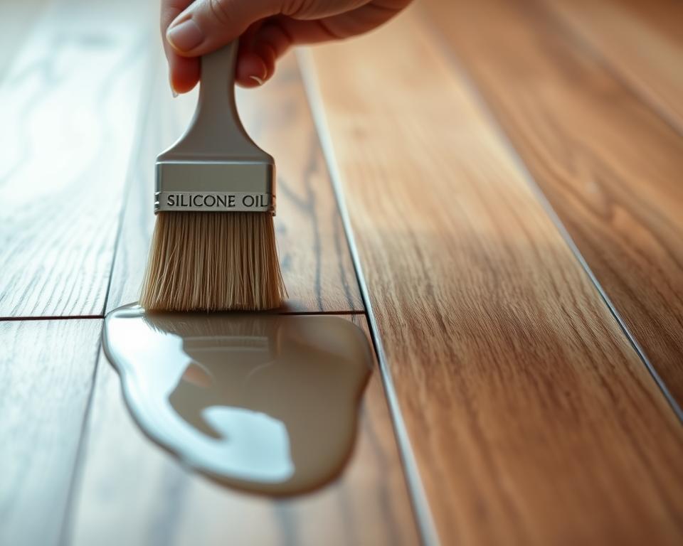 A clear and detailed, close-up view of silicone oil being applied to wooden floor panels, showcasing the transformation of the surface under the oil. In the foreground, a hand holding a brush delicately spreads the clear silicone oil, creating a glossy finish on the rich wood grain. The middle ground features a section of newly treated floor alongside untreated panels for contrast, emphasizing the benefits of silicone oil. In the background, soft, ambient lighting highlights the texture of the wood, giving a warm, inviting atmosphere. The angle captures the sheen of the oil, reflecting light to indicate its protective qualities. The mood is professional and informative, ideal for illustrating the effect of silicone oil on flooring surfaces.